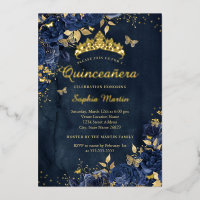 Navy Butterfly Flower Elegant Gold Quinceanera