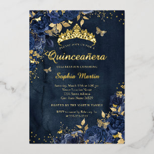 Navy Butterfly Flower Elegant Gold Quinceanera Folie Uitnodiging