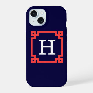 Navy, cadre grec rouge corail Monogramme initial #