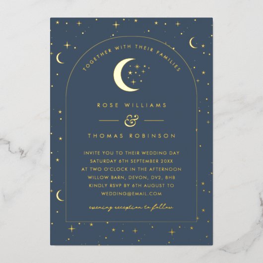 Navy Celestial Arched Huwelijksuitnodiging Folie Uitnodiging (Voorkant)