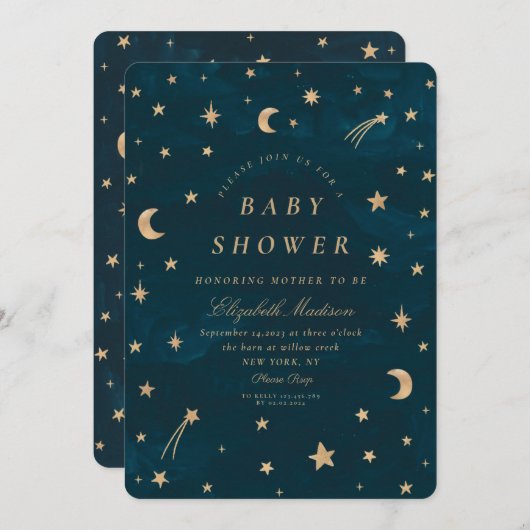 Navy Celestial Gold Stars Moon Baby shower Kaart (Voorkant / Achterkant)