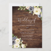 Navy & Champagne Flowers Rustic Wedding Kaart (Voorkant)