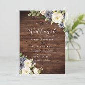 Navy & Champagne Flowers Rustic Wedding Kaart (Staand voorkant)