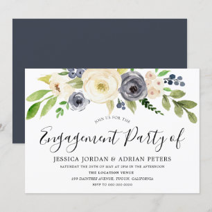 Navy Champagne Waterverf Flowers Engagement Party Kaart
