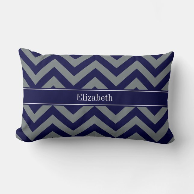 Navy, Charcoal LG Chevron Navy Blue Name Monogram Kussen (Voorkant)