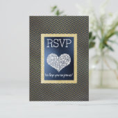 Navy Chevron Gouden Hart RSVP eenvoudig elegant (Staand voorkant)