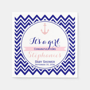 Navy Chevron met Baby Roze Nautisch Baby shower Servetten