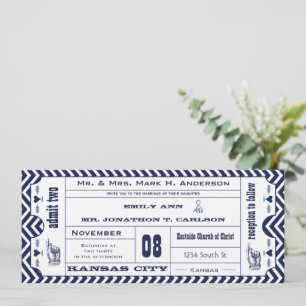 Navy Chevron Zig Zag Modern Ticket Wedding Kaart