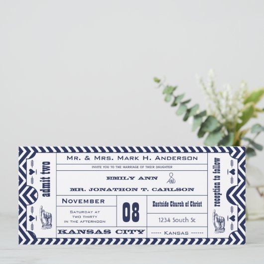 Navy Chevron Zig Zag Modern Ticket Wedding Kaart (Staand voorkant)