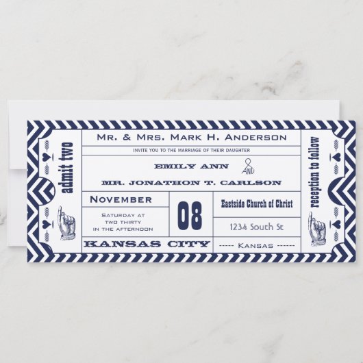 Navy Chevron Zig Zag Modern Ticket Wedding Kaart (Voorkant)