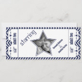 Navy Chevron Zig Zag Modern Ticket Wedding Kaart (Achterkant)