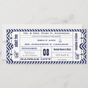 Navy Chevron Zig Zag Modern Ticket Wedding Kaart