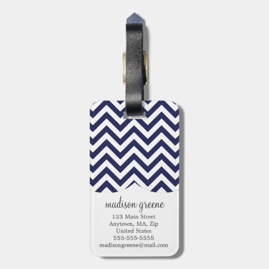 Navy Chevron Zigzag gepersonaliseerd monogram Bagagelabel (Achterkant verticaal)