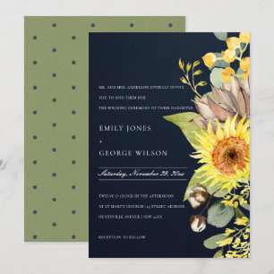 NAVY CHIC SUNFLOWER EUCALYPTUS PINE FLORAL WEDING KAART