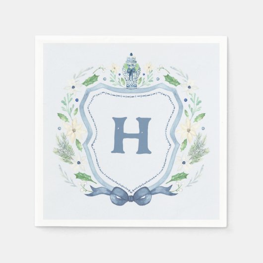 Navy Chinoiserie Crest Monogram Servet (Voorkant)