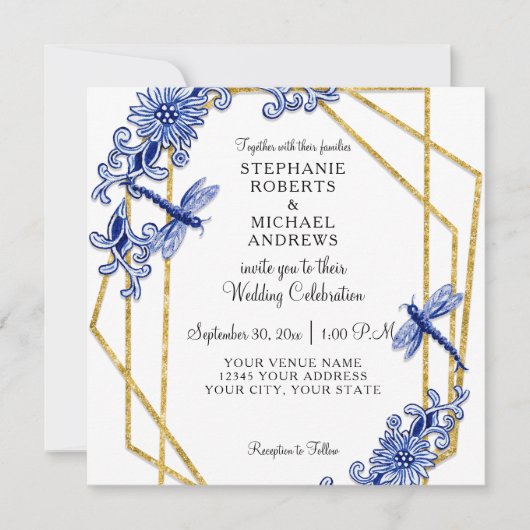 Navy Chinoiserie Dragonfly China Bloemen Waterverf Kaart (Voorkant)