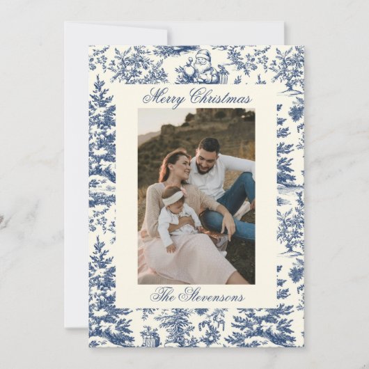 Navy Chinoiserie Toile De Jouy Photo Christmas Feestdagenkaart (Voorkant)