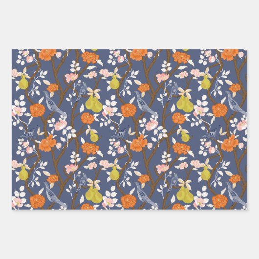 Navy Chinoiserie Vogels en Pagodes Inpakpapier Vel (Voorkant)