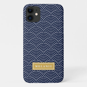 Navy Circle Wave Pattern Gold Name Sjabloon iPhone 11 Hoesje