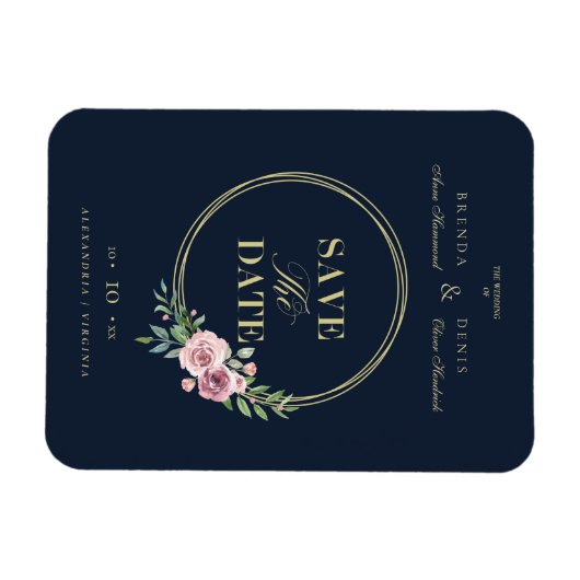 Navy Classic Romantic Elegant Pink Floral Wreate Magneet (Horizontaal)