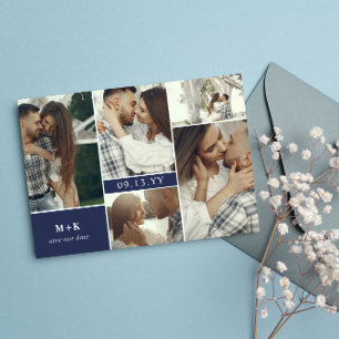 Navy Clean Moderne Initialen & foto's Bewaar de da Save The Date