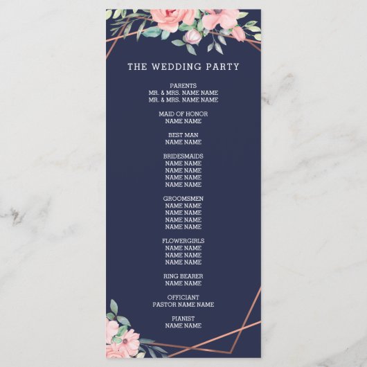 Navy Copper Geometrische Waterverf Bloemenbruiloft Programma (Achterkant)