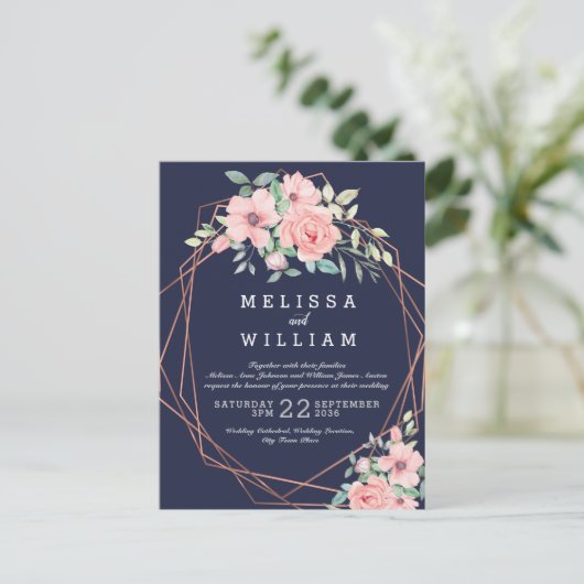 Navy Copper Geometrische Waterverf Bloemenbruiloft Uitnodiging Briefkaart (Staand voorkant)