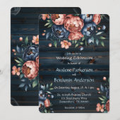 Navy & Copper Peony Wood Huwelijksfeest Kaart (Voorkant / Achterkant)