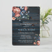 Navy & Copper Peony Wood Trouwdouche Kaart (Staand voorkant)