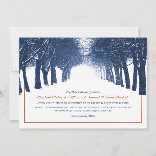 Navy Copper Winter Trees Avenue Wedding Invite Kaart (Voorkant)