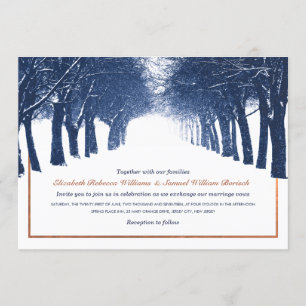 Navy Copper Winter Trees Avenue Wedding Invite Kaart