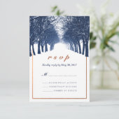 Navy Copper Winter Trees Avenue Wedding RSVP Kaart (Staand voorkant)