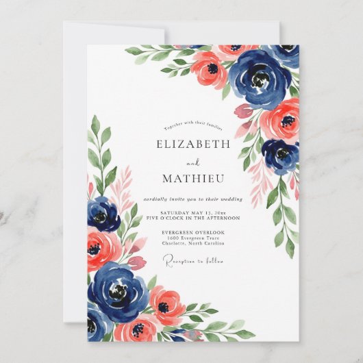Navy Coral Botanical Bloom Wedding Kaart (Voorkant)