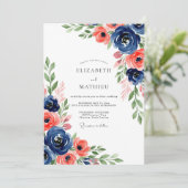 Navy Coral Botanical Bloom Wedding Kaart (Staand voorkant)
