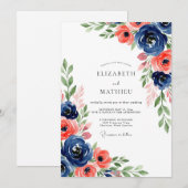 Navy Coral Botanical Bloom Wedding Kaart (Voorkant / Achterkant)