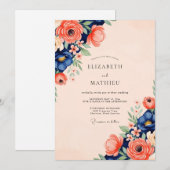Navy Coral Radiant Spring Wedding Kaart (Voorkant / Achterkant)