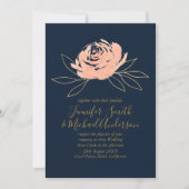 Navy Coral Roos Gold Wedding Kaart (Voorkant)