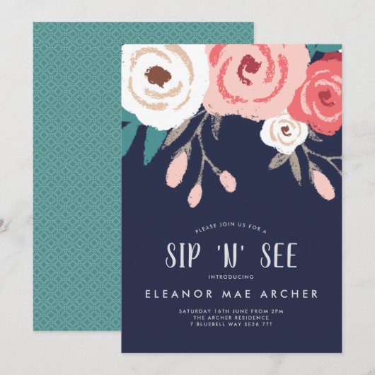 Navy & Coral Sip et voir Floral Invitation (Devant / Derrière)