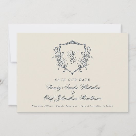 Navy & Cream  Bloemkam Monogram Foto Save The Date (Voorkant)