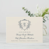 Navy & Cream  Bloemkam Monogram Foto Save The Date (Staand voorkant)