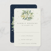 Navy/Cream Snowberry+Eucalyptus Winter Bruiloft RSVP Kaartje (Voorkant / Achterkant)