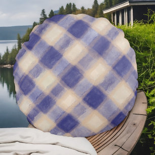 Navy cream tartan buffalo plaid waterverf rustiek rond kussen