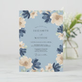 Navy Crème Bloem Bruiloft Kaart (Staand voorkant)