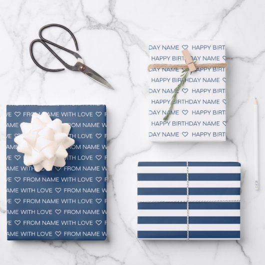 Navy Custom Gelukkige Verjaardag Met Liefde Inpakpapier Vel (Voorkant)