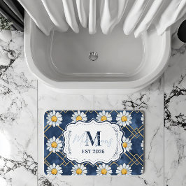 Navy Daisy Gingham Monogram Decor Badmat