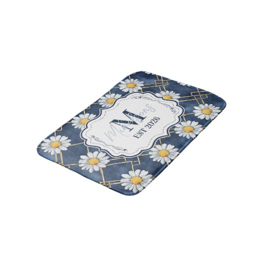 Navy Daisy Gingham Monogram Decor Badmat (Gekanteld)