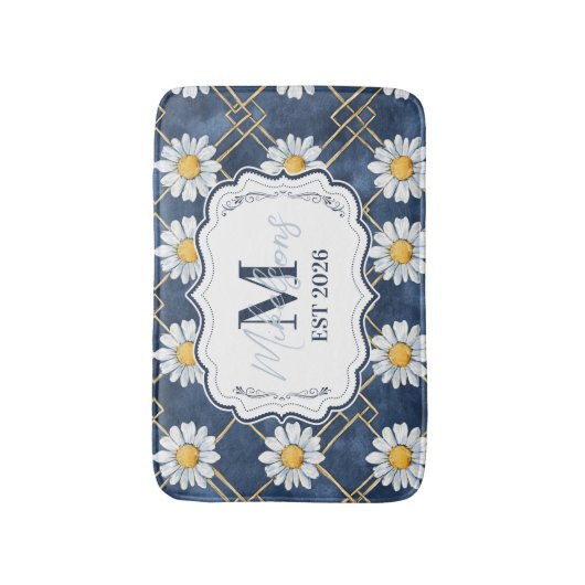 Navy Daisy Gingham Monogram Decor Badmat (Voorkant Verticaal)