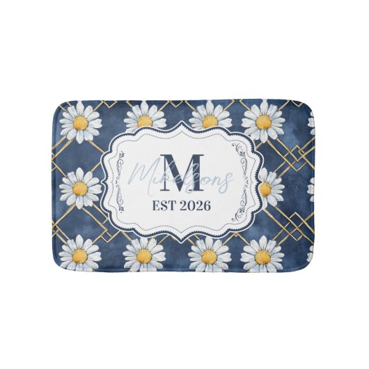 Navy Daisy Gingham Monogram Decor Badmat (Voorkant)