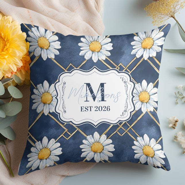 Navy Daisy Gingham Monogram Decor Kussen (Creator heeft geüpload)