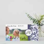 Navy Damask bewaart de datum Save The Date (Staand voorkant)
